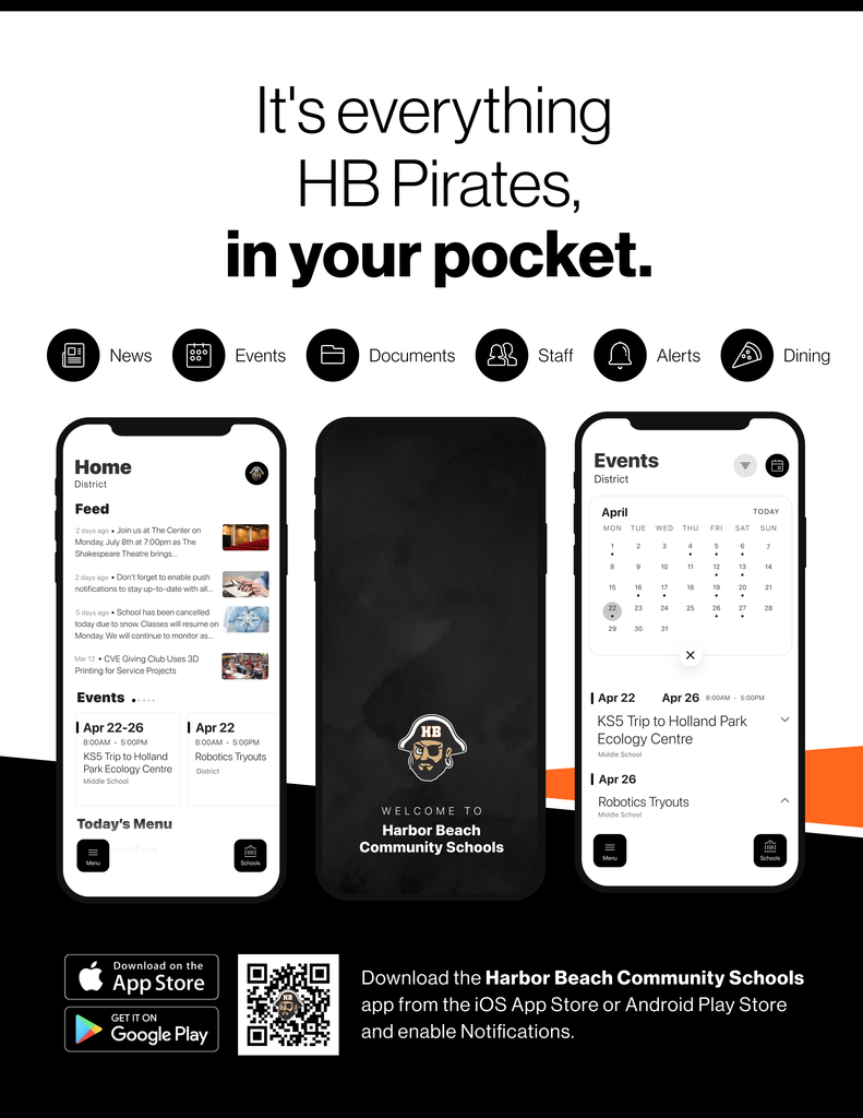 It's everything HB Pirates, in your pocket. News, Events, Documents, Staff, Alerts, and Dining.